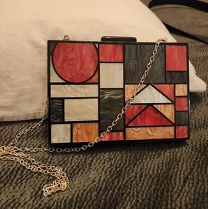 Lucite Look Geometric Mosaic Clutch with Chain